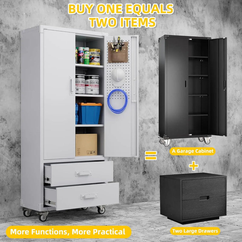 Aobabo 2 Large Drawer Metal Storage Cabinet with Wheels, Lockable Steel Storage Cabinet with 3 Adjustable Shelves with 6 Hooks for Home, Office, Garage, Classroom, White, Assembly Required by GreenHaven Gardens
