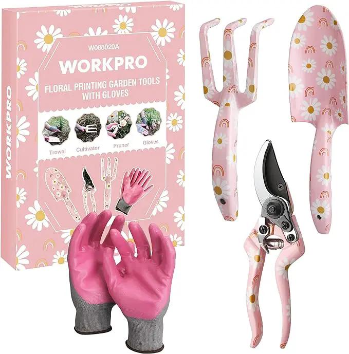 WORKPRO Aluminum Garden Tool Set, 4PCS Heavy Duty Hand Garden Tools with Box Include Trowel, Rake, Pruner, Garden Gloves, Pink, Garden Gifts by GreenHaven Gardens