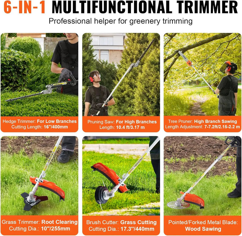 VEVOR 52cc Gas-Powered 6-in-1 Multi-Functional Trimmer - Hedge Trimmer, Brush Cutter, Weed Eater, Edger, Pole Saw & Chainsaw Pruner, EPA, CE & EMC Certified by GreenHaven Gardens