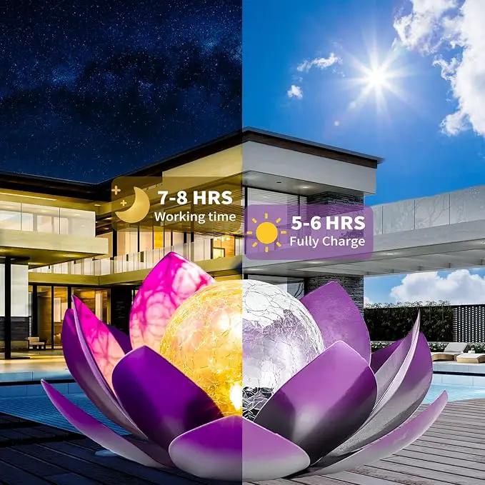 Solar Light Outdoor(2Pack), Art Crackle Globe Glass Lotus Decoration, Solar LED Waterproof Purple Metal Flower Lights for Patio,Lawn,Walkway,Tabletop by GreenHaven Gardens