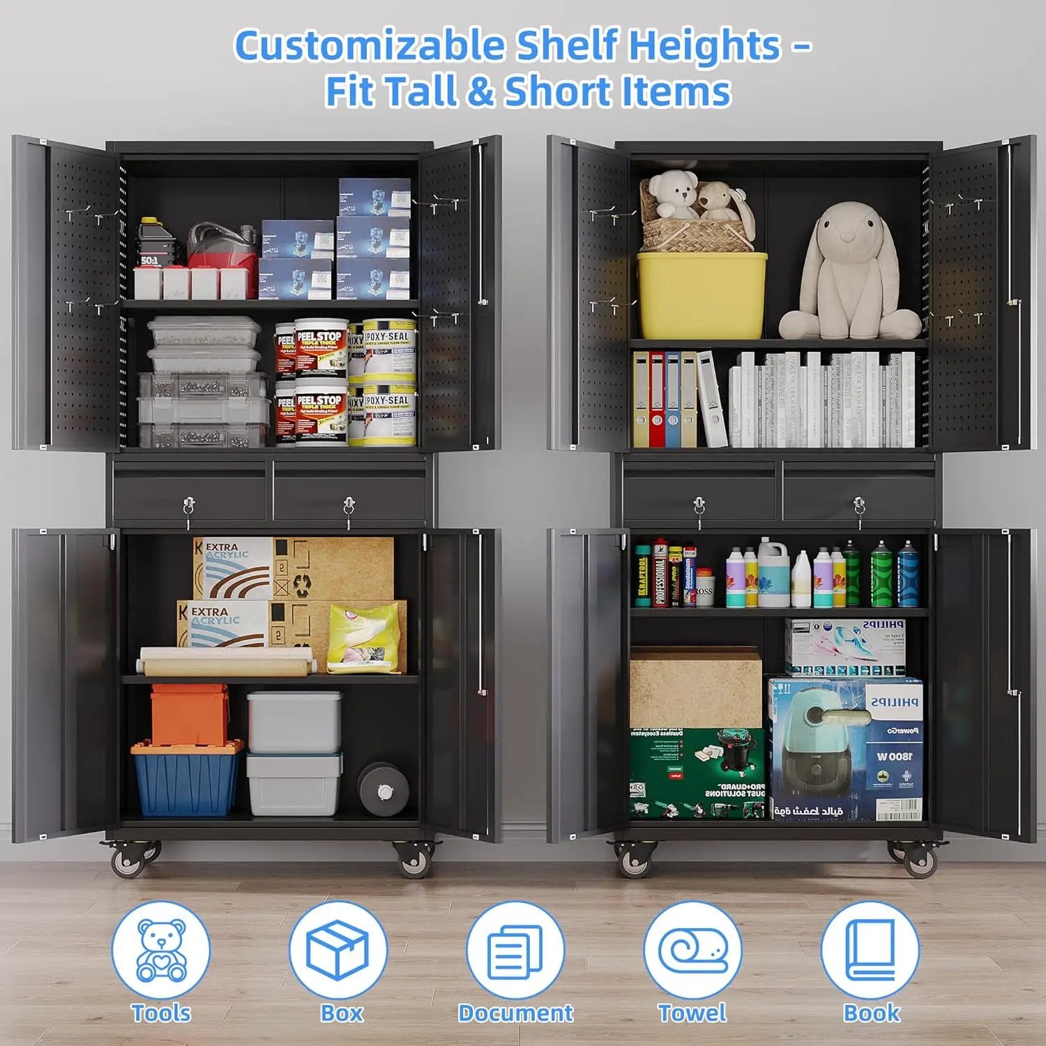 71''H Metal Garage Storage Cabinet with Wheels & 4 Pegboard,Rolling Tool Cabinet with Adjustable Shelves & 2 Lockable Drawer for Garage,Office,Home, Assembly Required,Black by GreenHaven Gardens