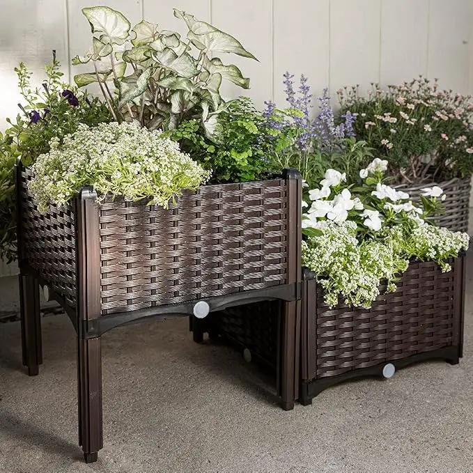 Barton 2 Pieces Raised Garden Bed Brown Plastic w/Self-Watering Design Outdoor Elevated Planter Box Kit Wheels Mobile by GreenHaven Gardens
