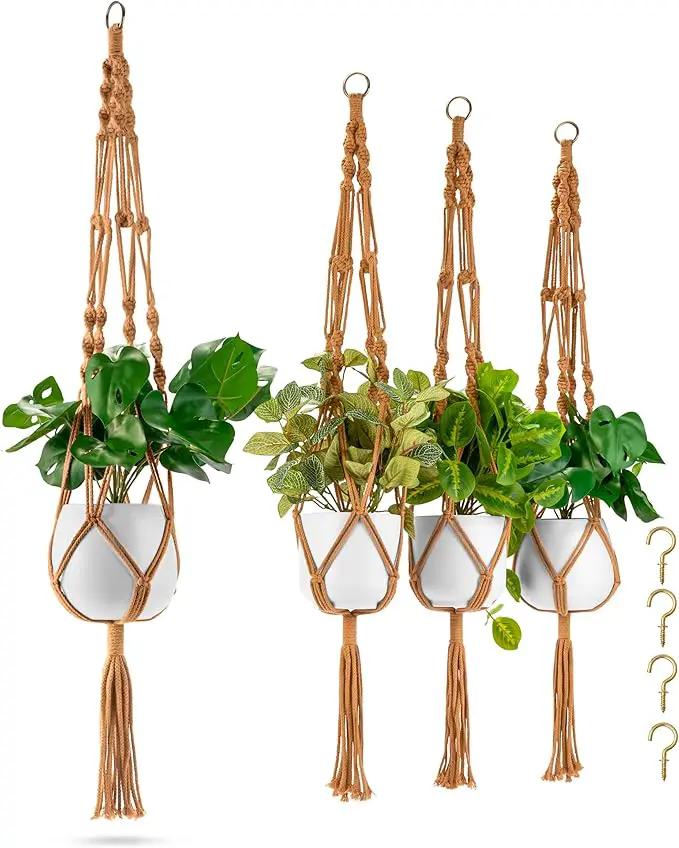 Sorbus Macrame Plant Hanger (4 Pack) Indoor Outdoor Hanging Plant Pots Cotton Rope, Elegant for Home, Patio, Garden (Brown) by GreenHaven Gardens