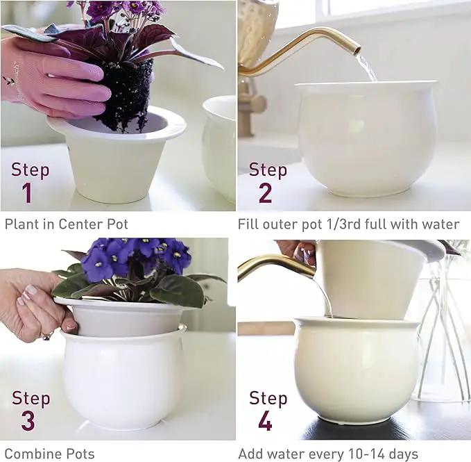 African Violet Pots Ceramic 6.5”W x 4.6”H Self Watering Planter for Indoor Flowers and Plants – White Glazed Outer Plant Pot with Highly Absorbent Inner Planter Pot for Tropical Plants by GreenHaven Gardens