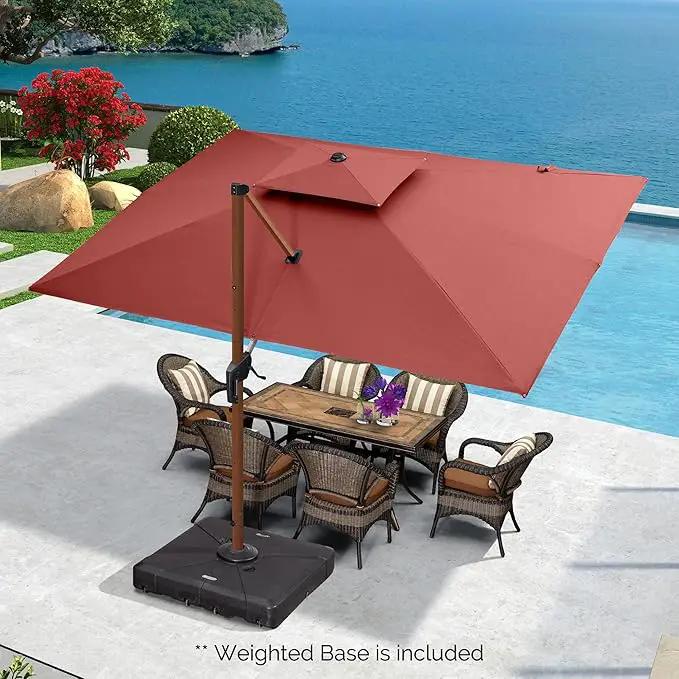 PURPLE LEAF 9' X 12' Double Top Deluxe Wood Pattern Rectangle Patio Umbrella with Base Offset Hanging Umbrella Outdoor Market Umbrella Garden Umbrella, Brick Red by GreenHaven Gardens
