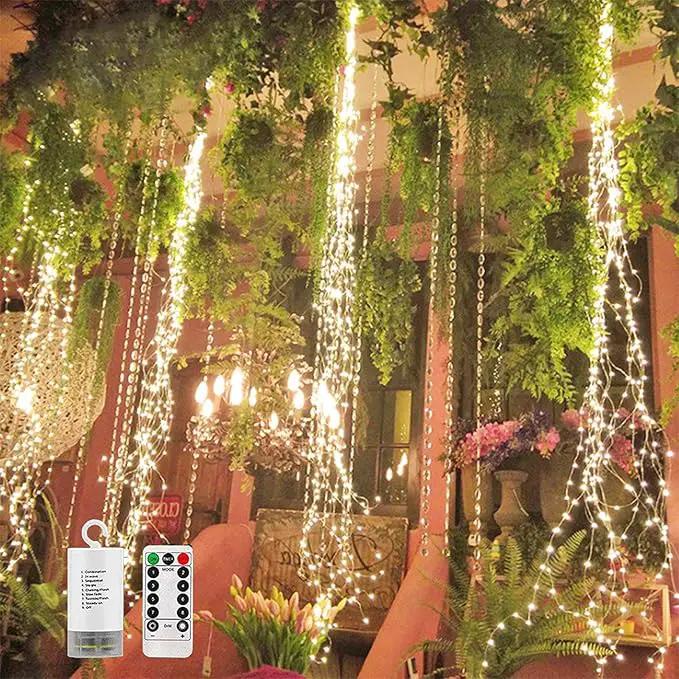 220 LED Firefly Bunch Lights Battery Operated, 8 Flashing Modes Waterproof Copper Wire Waterfall Lights, Remote Controlled Timer and Hooks, Fairy Lights for Indoor Outdoor Decor (Warm White) by GreenHaven Gardens
