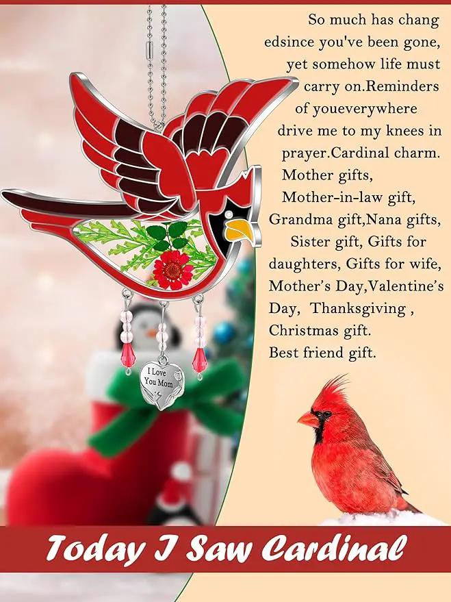 KY&BOSAM Cardinal Suncatcher I Love You Mom Glass Hangings for Windows Wind Chime Ornament with Hand Painted Real Flower and Metal Heart Charm Birthday Gifts for Women Mom Mother's Day by GreenHaven Gardens