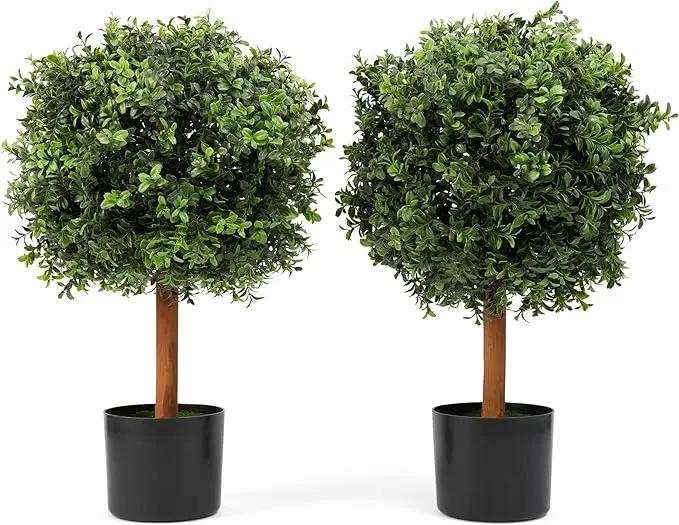 Premium 14" Diameter Artificial Boxwood Topiary – Set of 2 Faux Plants in Black Decorative Planters – UV-Resistant, Weatherproof, Realistic Outdoor & Indoor Greenery Accent by GreenHaven Gardens