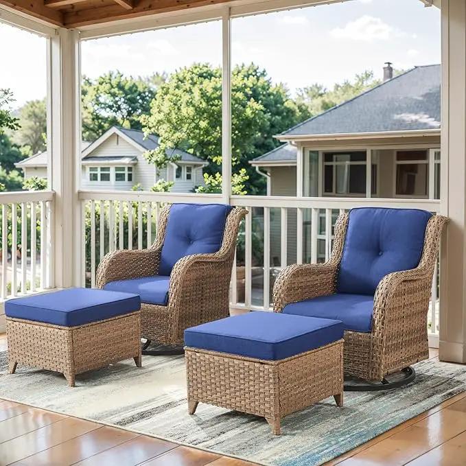 4 Pieces Patio Furniture Sets, Wicker Patio Swivel Glider Chair with Ottomans, Outdoor Furniture Set for Outside Porch, Deck, Balcony, Garden, Yellow by GreenHaven Gardens