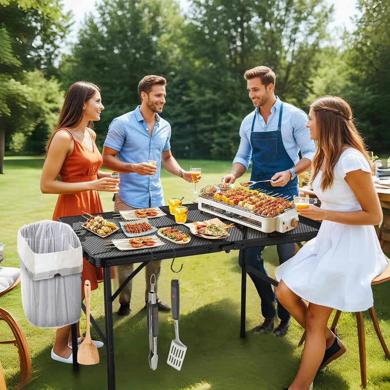 Outdoor Picnic Camping Table, Folding Grill Metal Table 3 Ft - Portable, Lightweight, Compact & Height Adjustable Collapsible Patio BBQ Table with Trash Bag Holder by GreenHaven Gardens