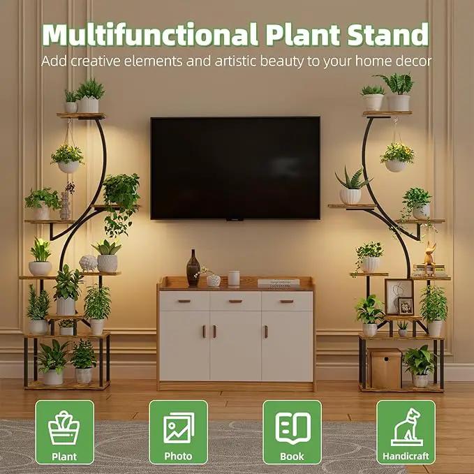 Simple Trending Plant Stand Indoor with Grow Lights, Heavy Duty 8 Tier Tall Plant Shelf for Plants Multiple, Metal Wood Plant Shelves Plant Display Holder for Garden, Black by GreenHaven Gardens