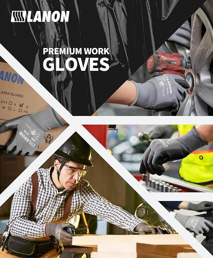LANON 18 Pairs Safety Work Gloves, Mechanic Working Gloves for Men,Breathable PU Coated, Seamless Knit,Double Wash, Grey, Medium by GreenHaven Gardens