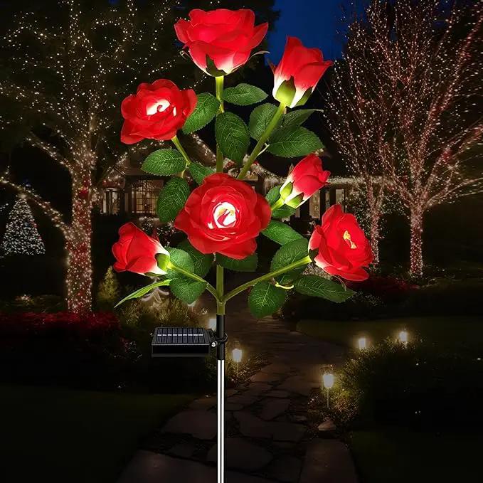 1 Pack Solar Garden Lights Outdoor, 7-Flower Rose Solar Lights for Yard, LED Solar Powered Stake Lights for Patio Pathway Lawn Fence Cemetery, Red by GreenHaven Gardens