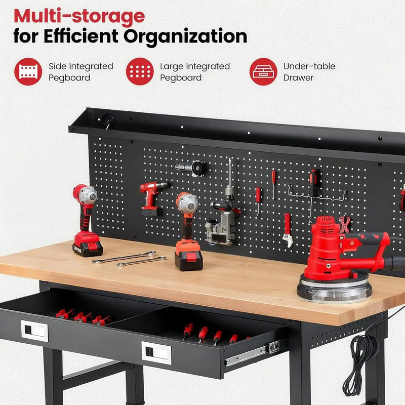 Workbench with Wheels 60 x 22 Inch Adjustable Height Work Table for Garage Heavy Duty Rubberwood Tabletop Work Bench with LED, Drawers, Pegboard, Power Outlets for Office Home Commercial by GreenHaven Gardens