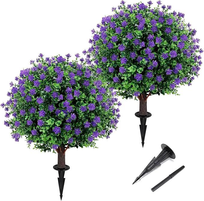 Artificial Purple flower Topiary Ball Tree 25" with Ground Spike, Set of 2 Artificial Boxwood Bushes for Faux Shrubs, Fake Evergreen Faux Plant for Indoor Outdoor Garden -UV Resistant–Fade-Proof by GreenHaven Gardens