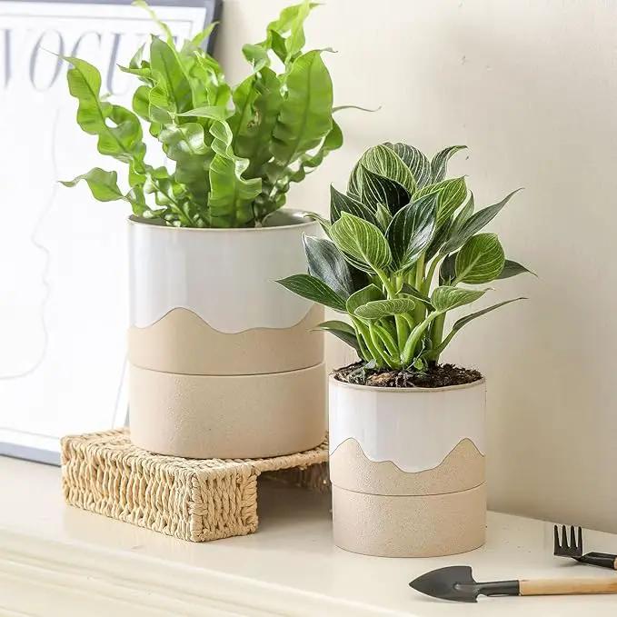 Nihow Self Watering Plant Pot for Indoor Plants: 4.5+6 Inch Ceramic Planter with Drainage Hole & Water Storage Plus - Cylinder Flower Pot with Wick for Herbs -White & Nature by GreenHaven Gardens