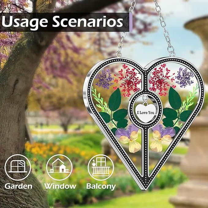 KY&BOSAM Heart Suncatcher I Love You Glass Panels for Window Hangings Wind Chime with Pressed Flower Heart Embedded in Glass Mom Gifts Birthday Gifts for Women Mother`s Day Valentine`s Christmas Decor by GreenHaven Gardens