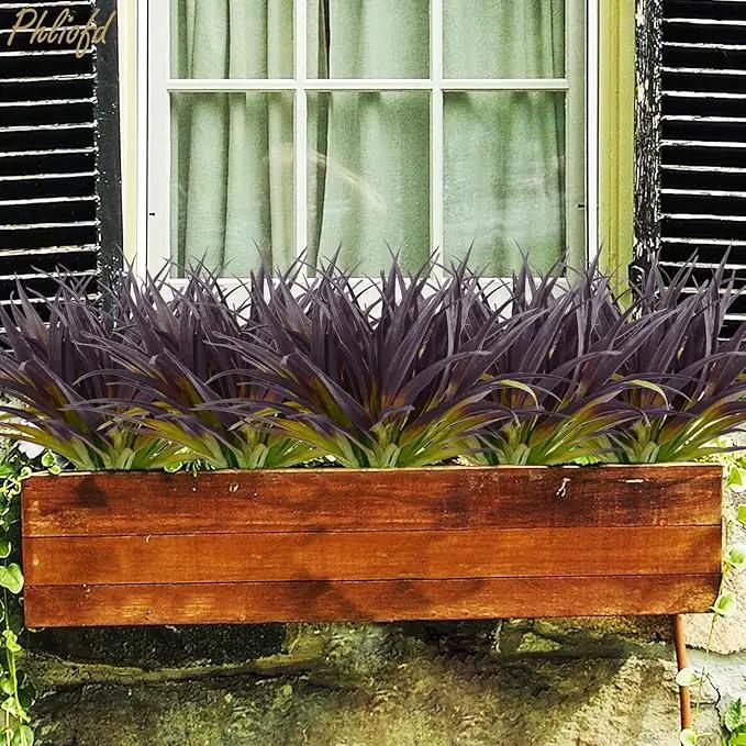 32 Pcs Artificial Grass Fake Grass Plants 17.3in Outdoor Plants UV Resistant Faux Greenery Stems for Home Window Garden Office Patio Pathway Front Porch Halloween Décor Light Green & Purple by GreenHaven Gardens
