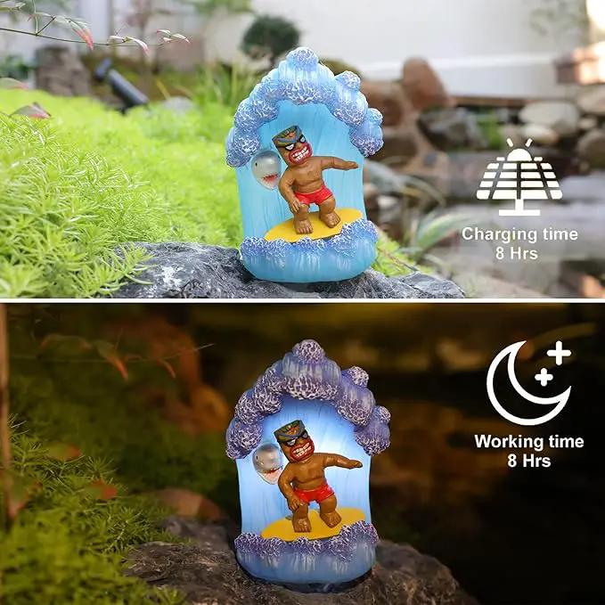 Solar Tiki Statue Decor-Garden Statue Outdoor Ornaments - Tiki Man Surfing Waterproof Decoration Figurine for Tiki Bar,Patio,Balcony,Yard,Lawn,Table by GreenHaven Gardens