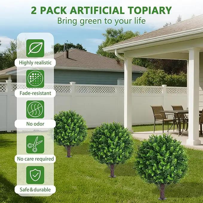 Artificial Eucalyptus Topiary Ball Trees with Ground Spike, Set of 2 UV Resistant Artificial Shrubs, Fake Evergreen Artificial Plant Bushes for Indoor Outdoor Front Porch Garden by GreenHaven Gardens