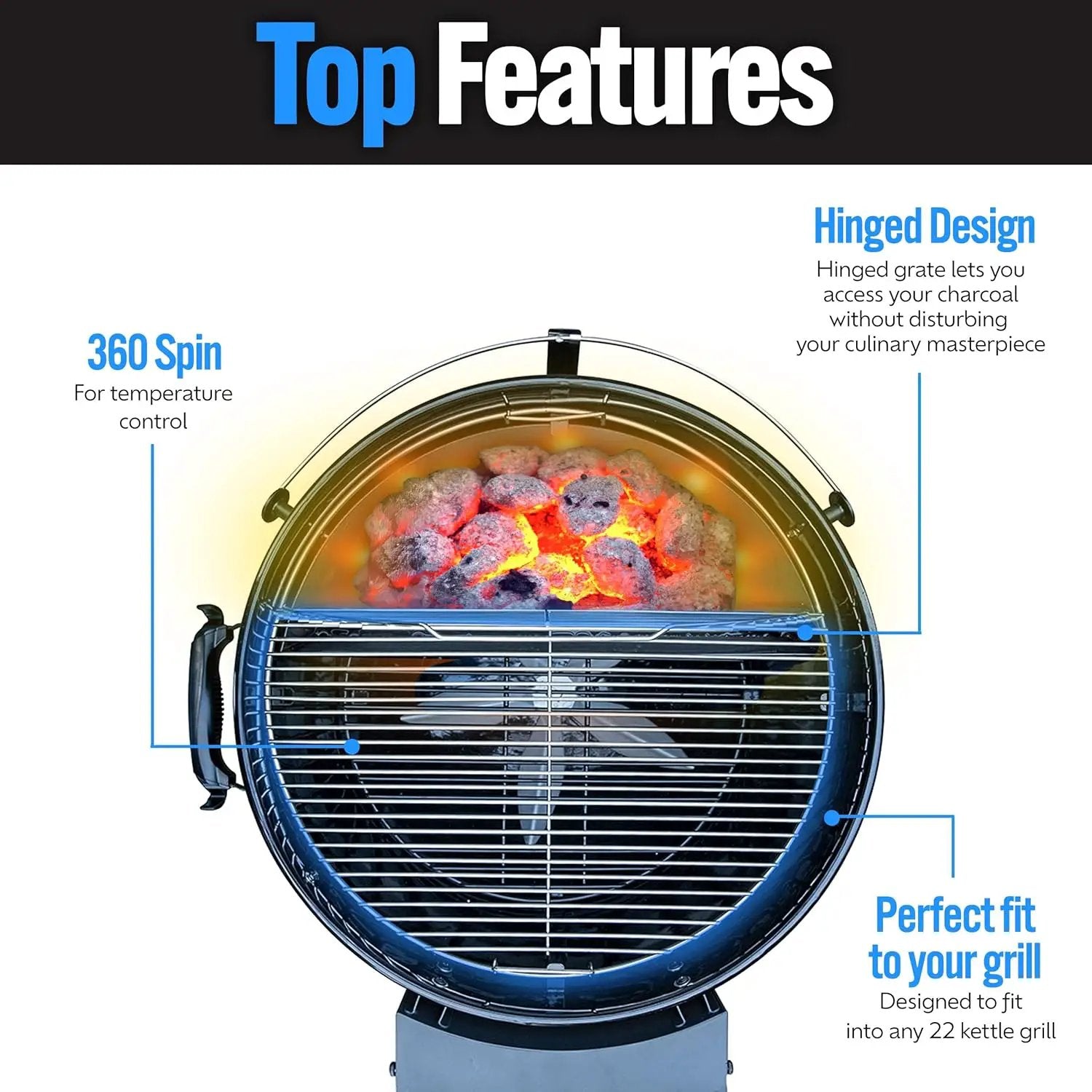 SnS Grills Slow ‘N Sear EasySpin Charcoal Grill Cooking Grate - Compatible with Weber and Other Grills, 2-Zone Stainless Steel Hinged Replacement - Tailgating & Backyard Cooking - 24” Inches by GreenHaven Gardens