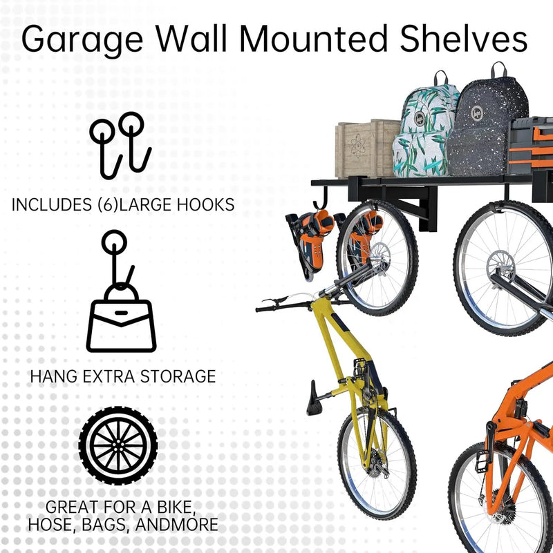 1-Pack Garage Wall Shelving,Heavy Duty Garage Storage Shelves, Wall Mounted Storage Shelving with 6 Hooks, 250LB Capacity, Black by GreenHaven Gardens