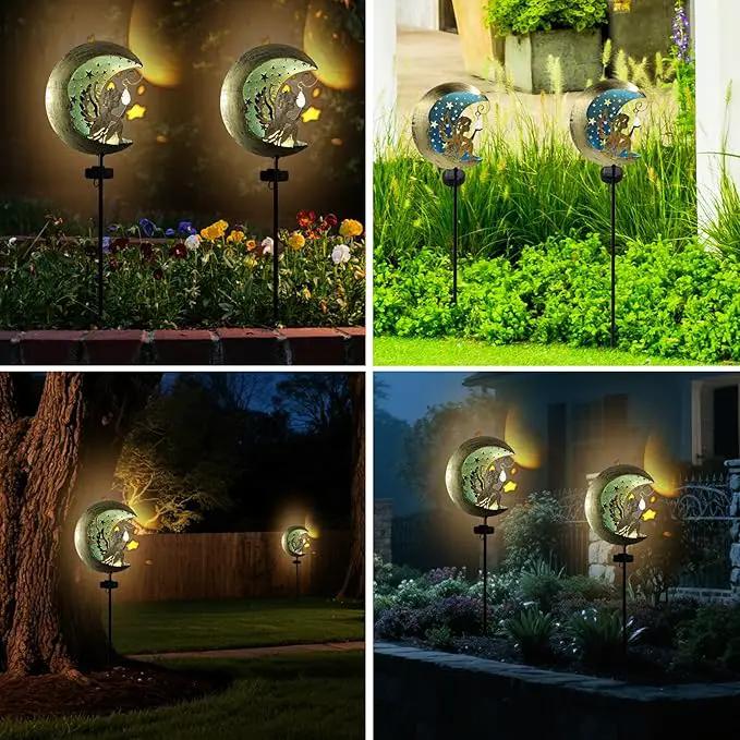 Solar Angel Moon Garden Stake Light – Outdoor Metal Yard Decoration with Crystal Pendant, Waterproof LED Light for Patio, Pathway, Lawn – Rustic Gold & Blue by GreenHaven Gardens