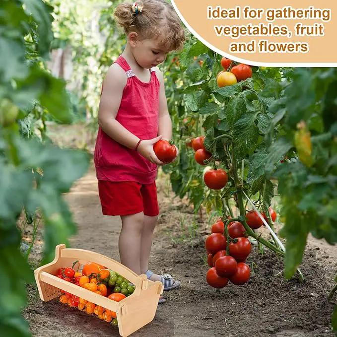 Large Garden Hod Harvest Basket 13 x 9 x 7 Inch, Wooden Harvesting Basket with Handle for Gardening Gathering Gardener Gifts for Wedding Flower Centerpiece Washing Holding Fruits Vegetables by GreenHaven Gardens