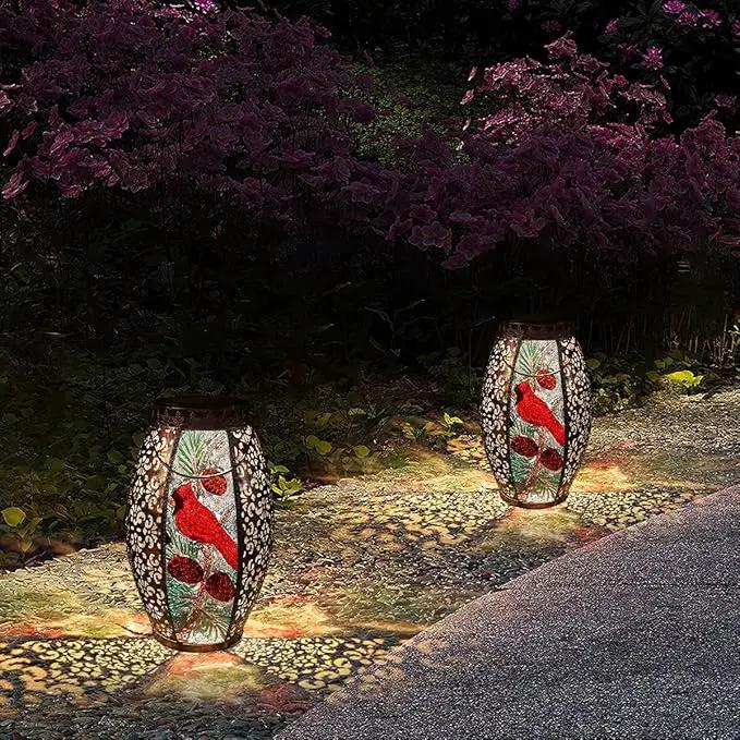 Solar Lanterns Outdoor Hanging Light - Cardinal Solar Powered LED Glass Lights Decorative Waterproof Tabletop Lamp with Hollowed-Out Design for Yard Table Patio Garden Pathway Holiday by GreenHaven Gardens