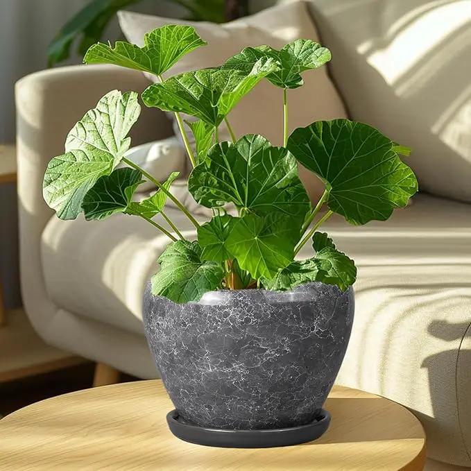 8 Inch Plant Pot - Ceramic Planter Pot with Drainage Hole and Saucer, Glaze Garden Pot Modern Flower Pot for Indoor Plants, Gray by GreenHaven Gardens