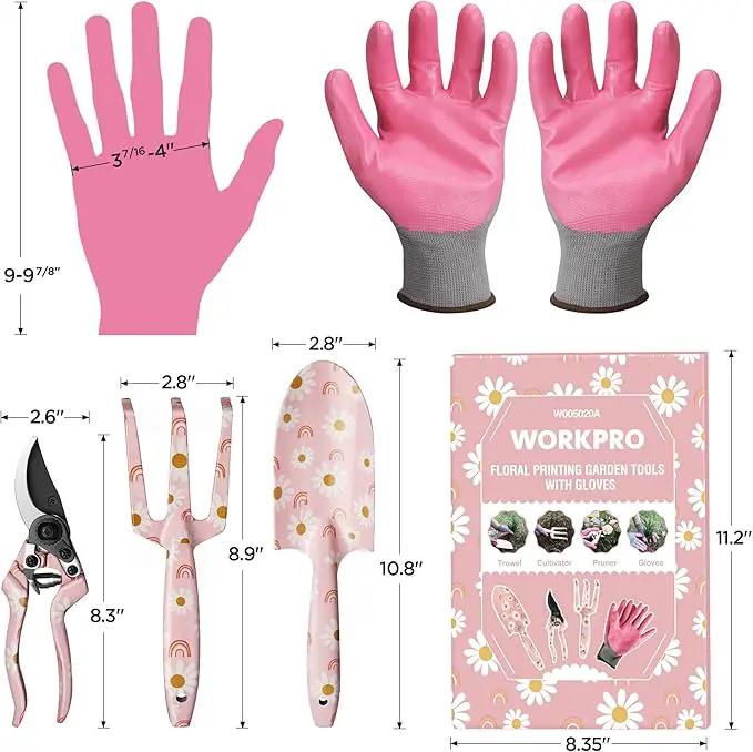 WORKPRO Aluminum Garden Tool Set, 4PCS Heavy Duty Hand Garden Tools with Box Include Trowel, Rake, Pruner, Garden Gloves, Pink, Garden Gifts by GreenHaven Gardens