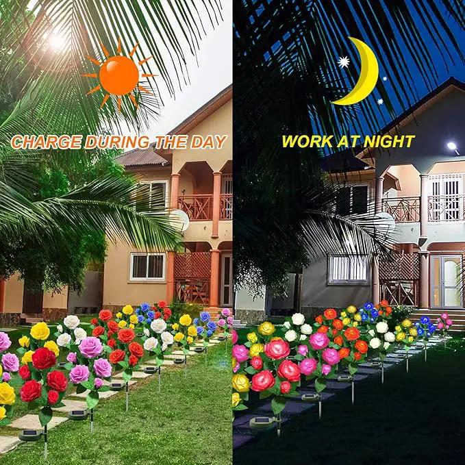 Solar Flower Lights Outdoor - Upgraded New Material Two Modes Realistic LED Solar Powered Waterproof Lights with 5 Roses, Solar Decorative Stake for Garden (Blue, 2 Pack) by GreenHaven Gardens