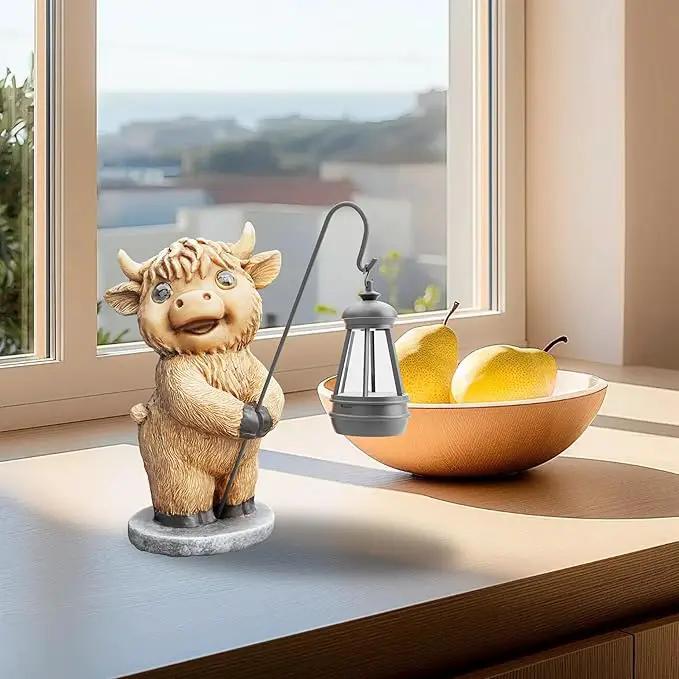 Highland Cow Statues with Solar Lights, Highland Cow Resin Figurine Lights, Highland Cow Ornaments for Patio, Balcony, Indoor Decoration and as Gifts by GreenHaven Gardens