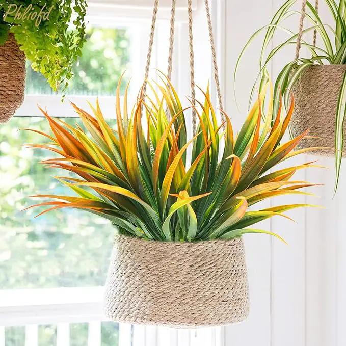 6Pcs Artificial Grass Fake Plants 17.3in Outdoor Plastic Plants UV Resistant Greenery Fake Grass for Home Window Garden Office Patio Hanging Planter Pathway Front Porch Décor Orange Yellow by GreenHaven Gardens