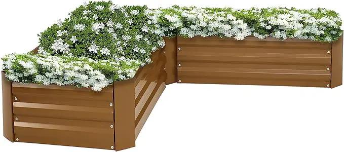 Sunnydaze 11.75" H Raised Metal Garden Bed - Galvanized Raised Garden Bed Outdoor for Vegetables and Flowers - Brown - L-Shaped by GreenHaven Gardens
