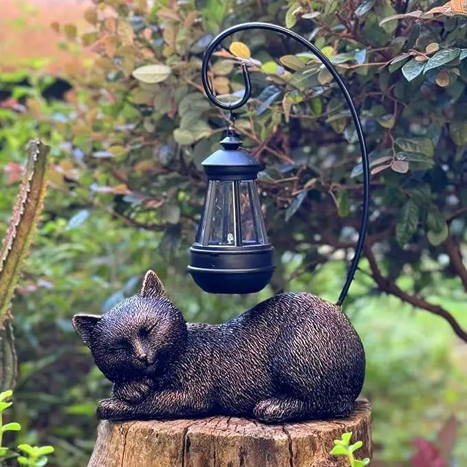 Solar Garden Statue Cat Figurine with Solar Light- Cat Statues Garden Art with Solar Lantern, Loving Cat for Patio,Balcony,Yard, Lawn, Porch-Unique Housewarming Gift for Garden Mom Grandma by GreenHaven Gardens