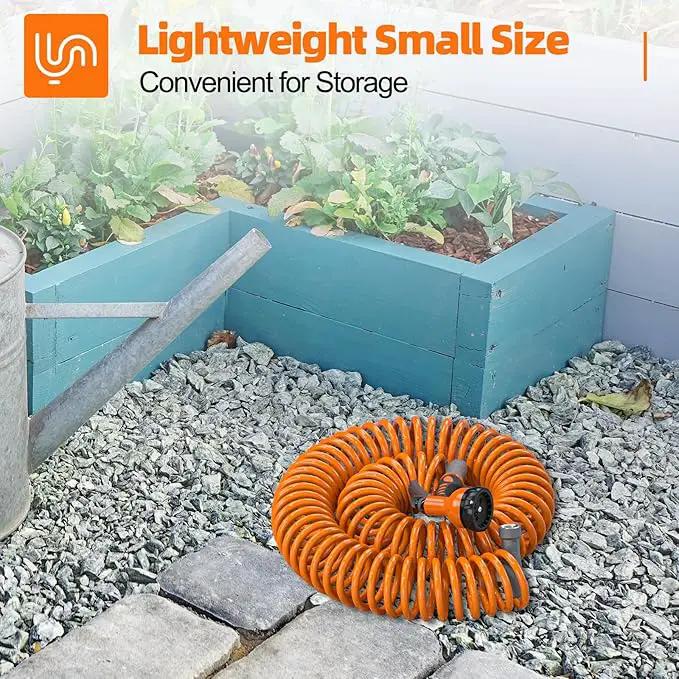 3/8” Lightweight Coil Garden Hose 50 FT, EVA Retractable Curly Water Pipe with 6-Pattern Spray Nozzle for Boat, Greenhouse, Yard, Patio (Orange) by GreenHaven Gardens