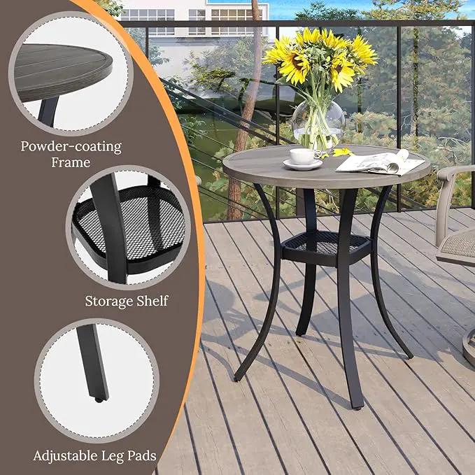 VICLLAX 27.5" Outdoor Round Patio Table for Lawn Garden, All Weather Metal Round Patio Dining Table with Storage Shelf, 2 Person Small Patio Table, Grey Wood-Like Tabletop by GreenHaven Gardens