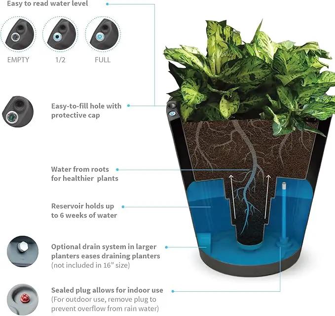 Crescent Garden Dot TruDrop Indoor/Outdoor Planter, Self-Watering Plant Pot, 26 Inches, (Ash) by GreenHaven Gardens