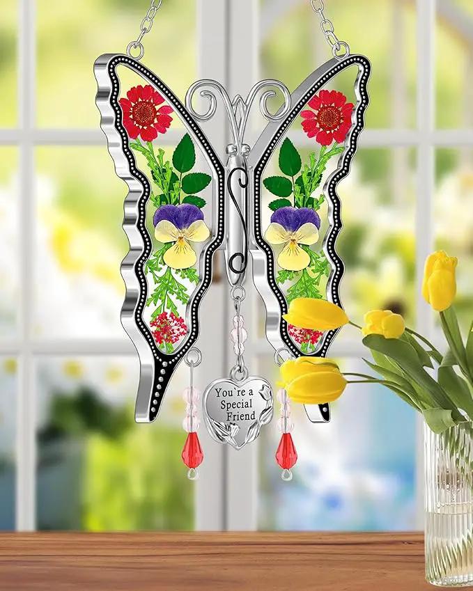 KY&BOSAM Butterfly Suncatcher You`re a Special Friend Gift Glass Suncatchers for Window Hanging Wind Chime Ornament with Pressed Real Flower and Heart Charm Birthday Gift for Mother`s Day Valentine`s by GreenHaven Gardens