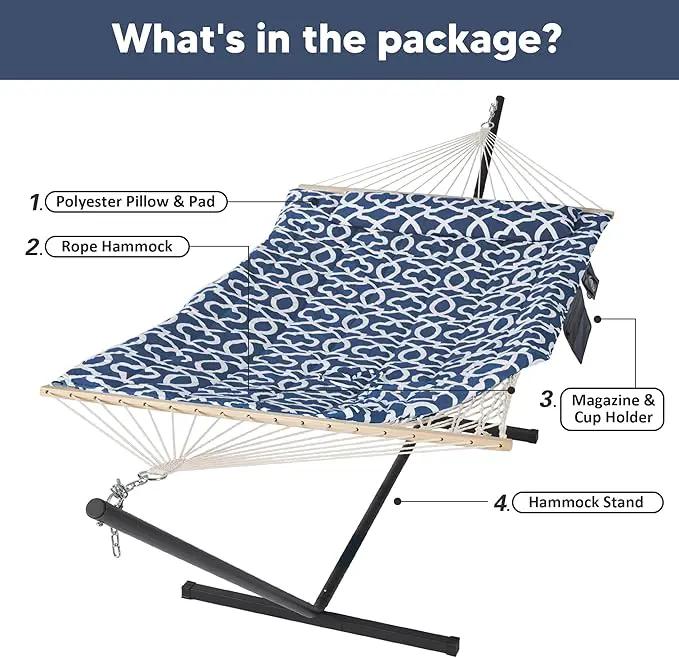 SUNCREAT Double Portable Hammock with Stand Included, 475 lbs Capactiy, Extra Large Two Person Hammock, Blue Pattern by GreenHaven Gardens