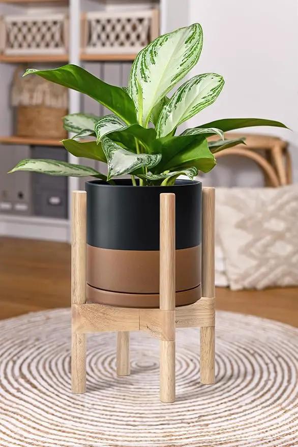 D'vine Dev Ceramic Planter with Natural Stand - 8 Inch Modern Round Flower Pot with Wood Planter Holder, Black/Speckled Tan, 55-B-N-7 by GreenHaven Gardens