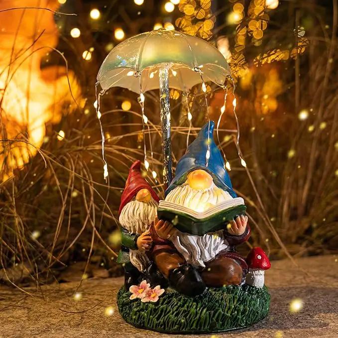 mopha Garden Gnomes Statues Outdoor Decor Gifts, Resin Figurines Outside Decoration Ornaments Clearance Gardening Decoration, Solar Powered Umbrella Fireworks Lights by GreenHaven Gardens