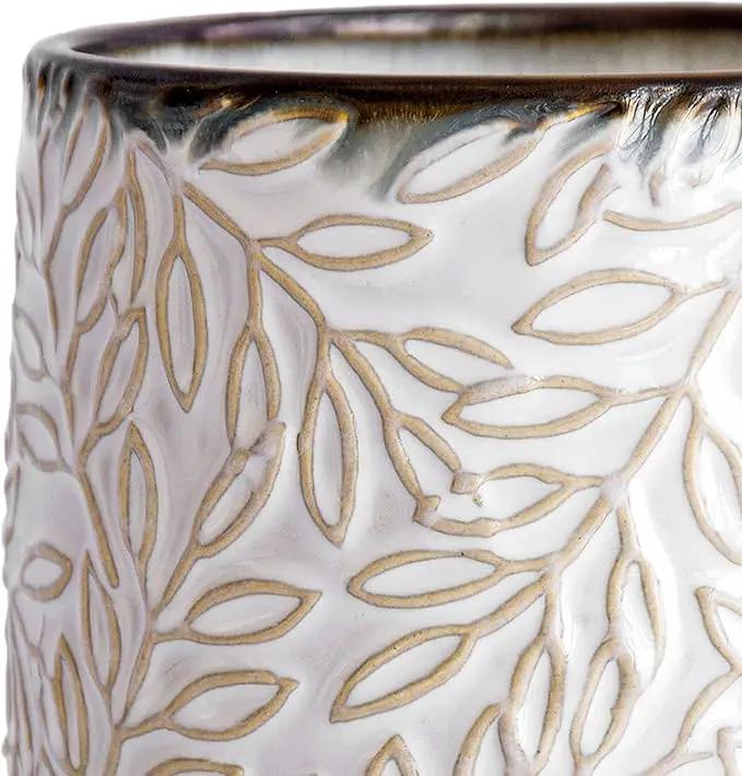 D'vine Dev 5 Inch Embossed Leaves Stoneware Planter Pot with Drainage Hole and Saucer, Smoked White, Set of 1, 27-A-V-1 by GreenHaven Gardens