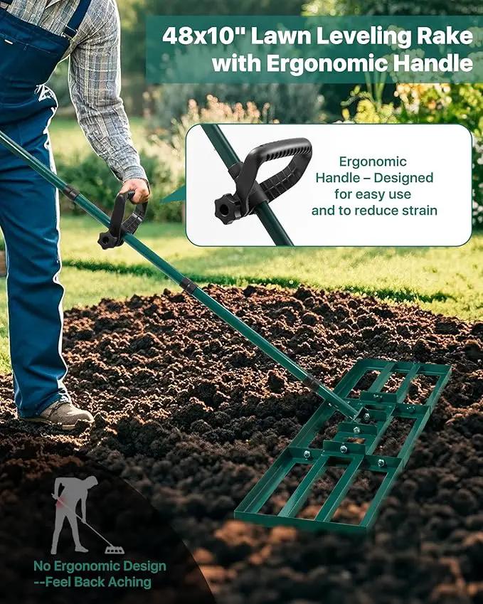Lawn Leveling Rake 48x10'', Yard Leveling Rake with 78'' Back-Saving Adjustable Handle, Stainless Steel Lawn Leveler Tool for Garden, Backyard, Farm, Golf Course by GreenHaven Gardens