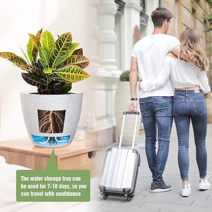 10/9/8 inch Self Watering Pots, Set of 3 Plastic Planters with Mesh Drainage Holes and Deep Reservoir for Indoor Outdoor Garden Plants and Flowers, White Speckles by GreenHaven Gardens