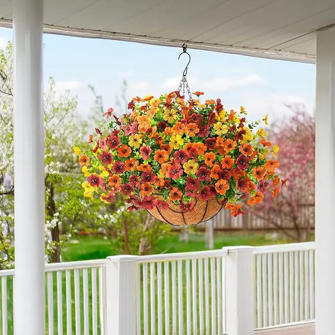 Artificial Fake Hanging Plants Flowers Basket, Faux Silk Daisy in Planter Realistic UV Resistant for Outside Home Patio Balcony Yard Spring Outdoor Decoration (Orange Brown Yellow) by GreenHaven Gardens