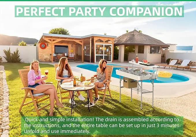 Portable Folding Ice Cooler Table with Skirt & Drain & Shelving, Outdoor Foldable Drink Ice Table with Storage for Camping, Picnics, BBQ & Parties, by GreenHaven Gardens