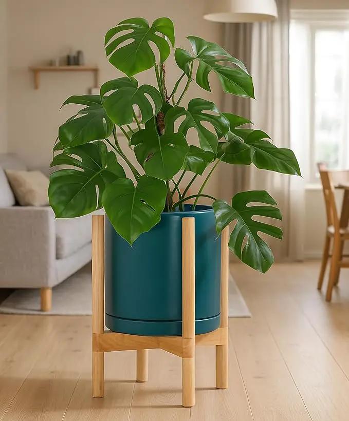 D'vine Dev Ceramic Planter with Natural Stand - 12 Inch Modern Round Flower Pot with Wood Planter Holder, Teal, 55-B-J-4 by GreenHaven Gardens
