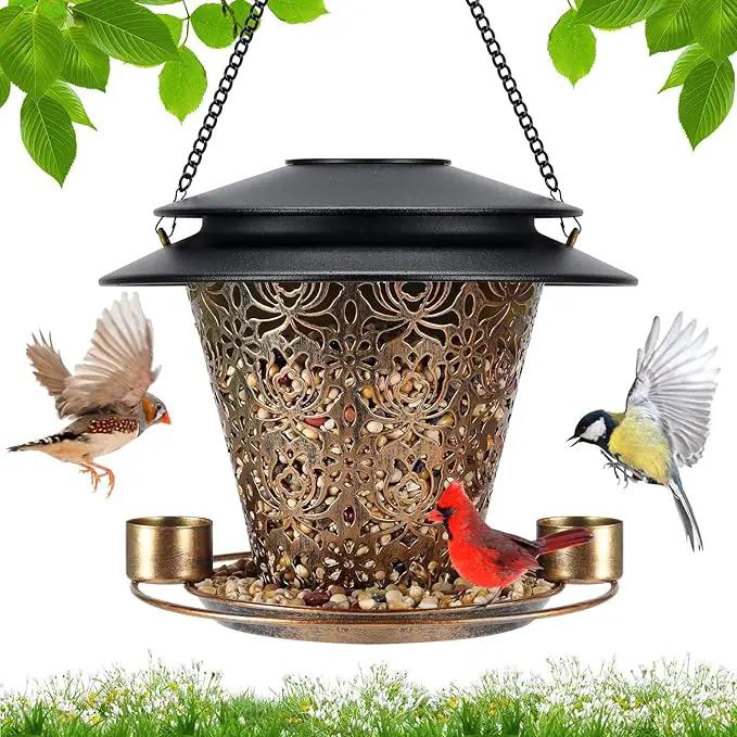 Solar Bird Feeders for Outside Hanging Metal Wild Bird Feeder Solar Lanterns Outdoor Waterproof Garden Decor for Yard Brown by GreenHaven Gardens